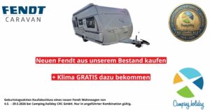 Promotional banner advertising 'Neuen Fendt aus unserem Bestand kaufen' featuring a white Fendt caravan in the center and a 50-year anniversary coin on the right with brand logos.