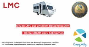 LMC logo left, white caravan center, anniversary coin right; red banner text 'Neuen LMC aus unserem Bestand kaufen'.