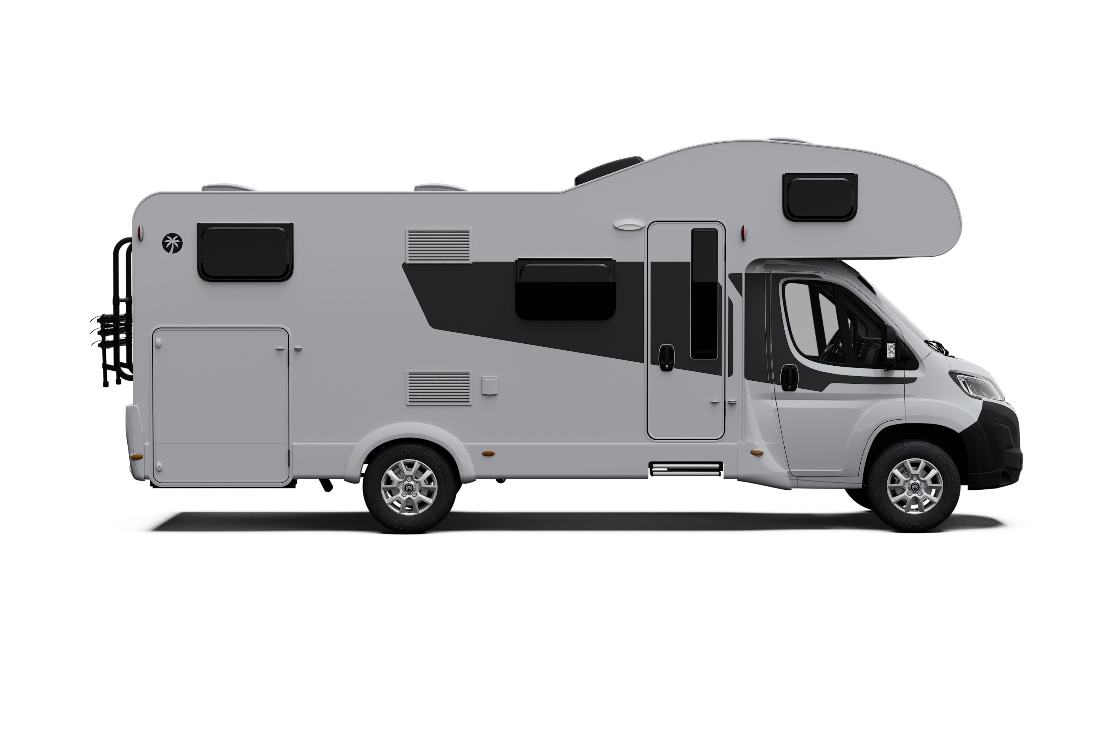 SL_A70_EXT_serie_white_Ext_Cam4_Seite_R Side view of a light-gray motorhome with a raised cab, multiple storage compartments, and black accent graphics along the midsection.