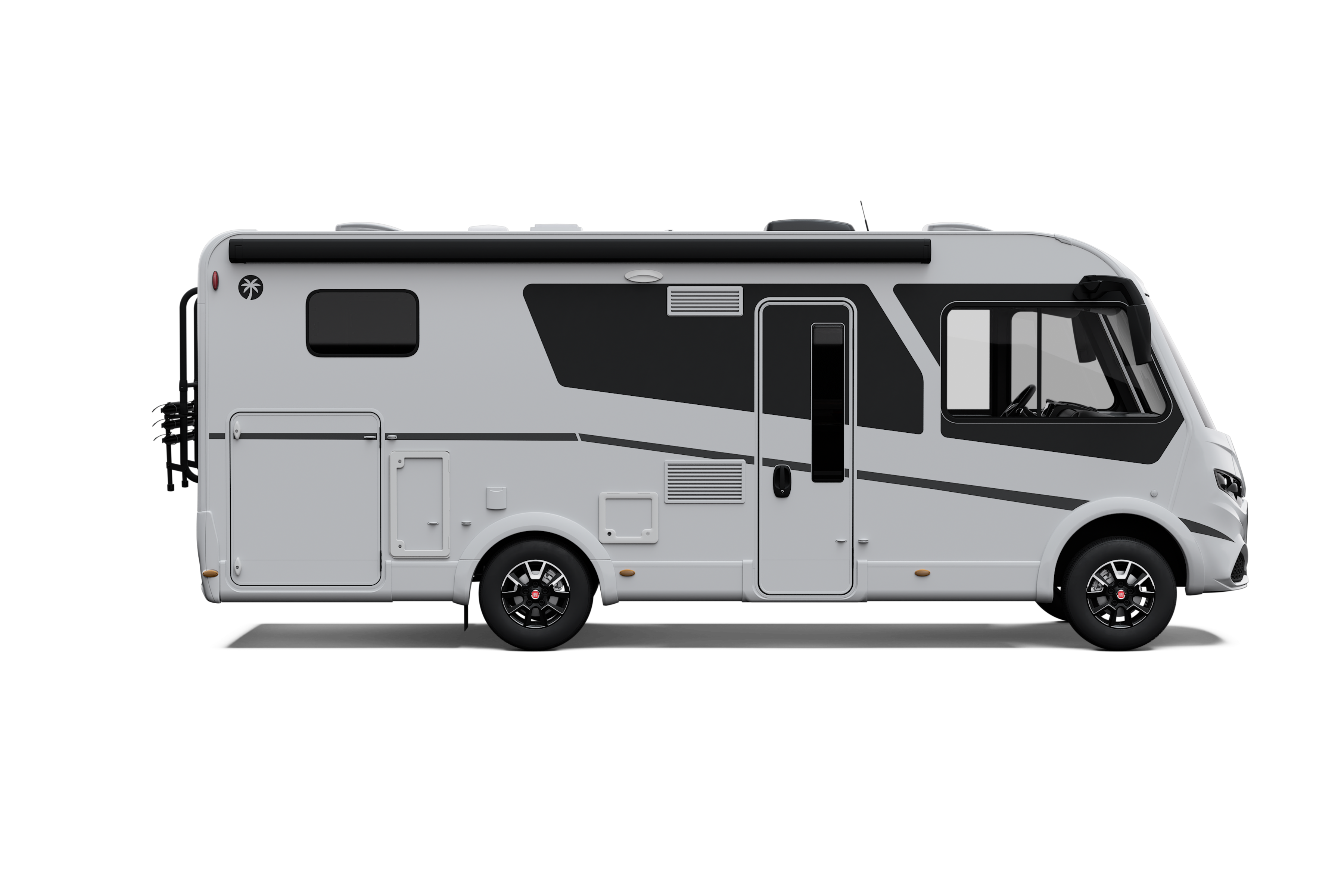 SL_I67S_EXT_{CB}_{YOC}_ADV_W_white_Adventure__Ext_Cam4_Seite_R Side view of a white motorhome with black accents, showing windows, doors, and external storage compartments.