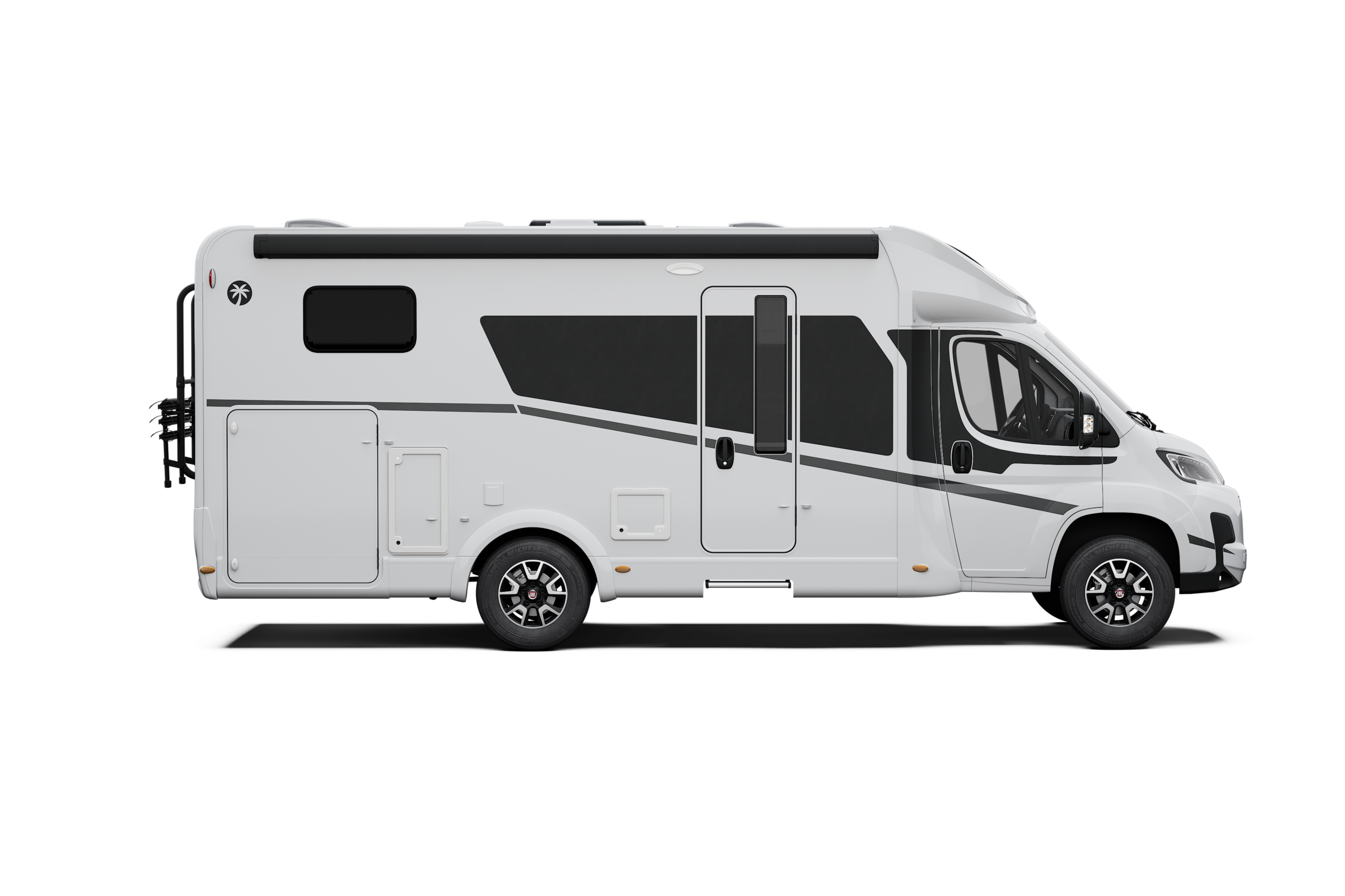 SL_T66S_EXT_{CB}_bj25_adv_w_adv_white_Adventure__Ext_Cam4_Seite_R Side view of a white motorhome with dark gray graphics and multiple storage doors along the lower body.