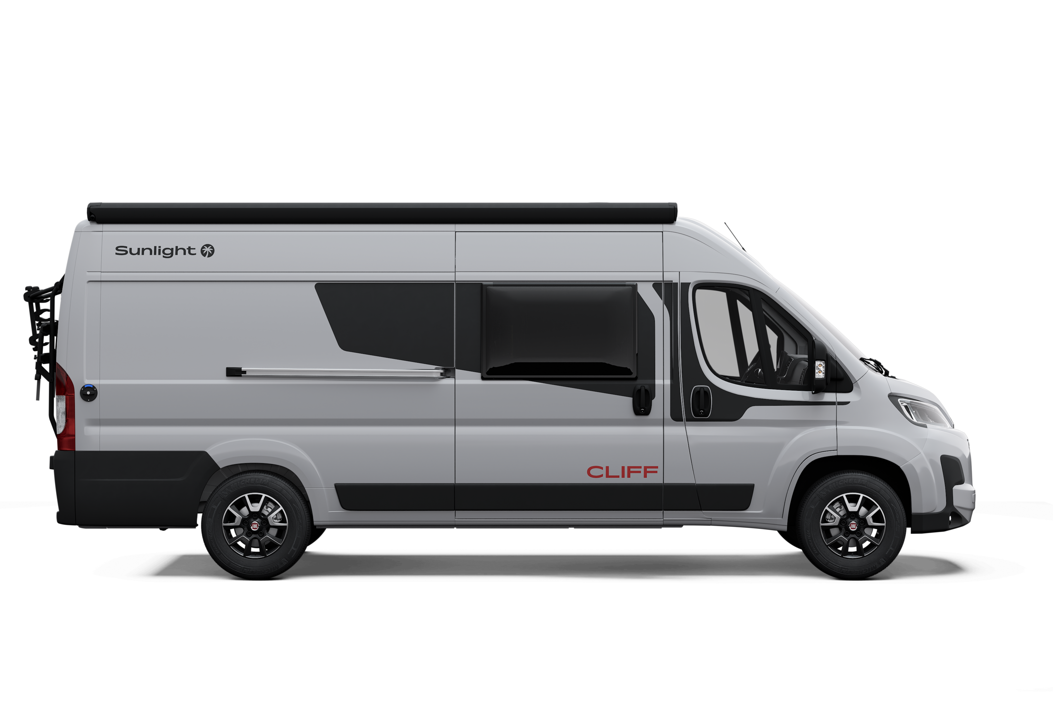 SL__Cliff_640__Ext_Cam4_Seite_R Side view of a white camper van with Sunlight branding and 'CLIFF' lettering on the lower rear door panel.