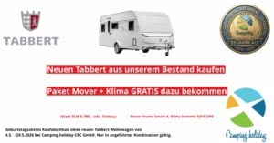 Promotional collage showing Tabbert logo, a white caravan, a 50th anniversary coin, and red sale banners in German advertising new Tabbert caravans and deals.