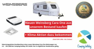 Collage advertisement with Weinsberg logo, a white caravan, a 50th anniversary coin, and red banners promoting buying a new Weinsberg Cara One from stock.