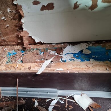 Interior wall with ripped drywall, exposed wooden studs, and scattered debris on the floor after demolition.