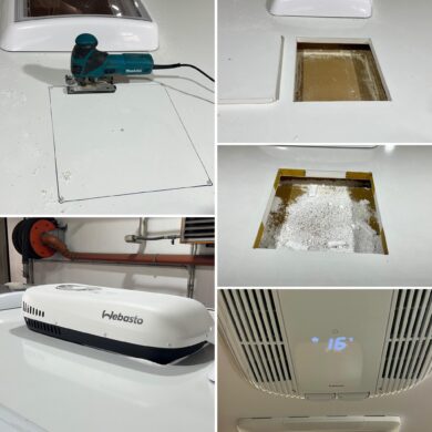 Collage showing a white van roof during installation: a teal Makita power tool, removed hatch panels, and brown insulation behind the cutout; a Webasto heater is visible below.