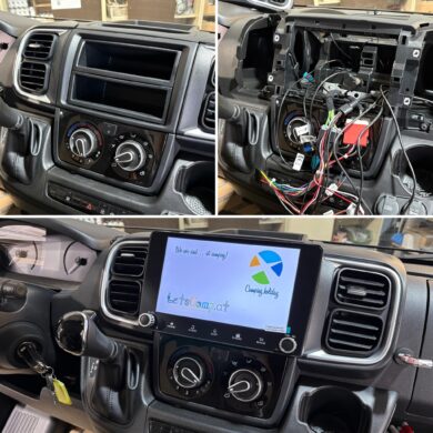 Dashboard center console with stereo removed and loose wires behind the dash.