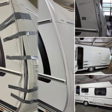 White travel trailer with multiple duct-tape repairs along the exterior seam, showing dented panels and a side door in a garage setting (collage).